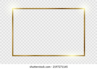 Gold shiny glowing vintage frame with shadows isolated on transparent background. Golden luxury realistic rectangle border. Stock royalty free vector illustration. PNG