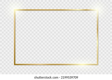 Gold shiny glowing vintage frame with shadows isolated on transparent background. Golden luxury realistic rectangle border. Stock royalty free vector illustration. PNG