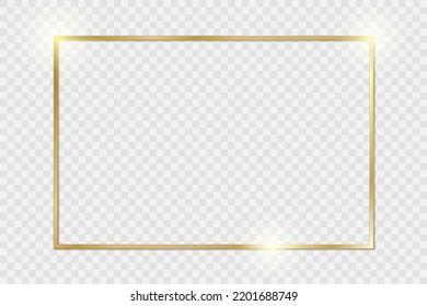 Gold shiny glowing vintage frame with shadows isolated on transparent background. Golden luxury realistic rectangle border. Stock royalty free vector illustration. PNG