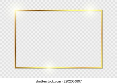 Gold shiny glowing vintage frame with shadows isolated on transparent background. Golden luxury realistic rectangle border. Stock royalty free vector illustration. PNG