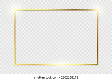 Gold shiny glowing vintage frame with shadows isolated on transparent background. Golden luxury realistic rectangle border. Stock royalty free vector illustration. PNG