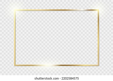 Gold shiny glowing vintage frame with shadows isolated on transparent background. Golden luxury realistic rectangle border. Stock royalty free vector illustration. PNG