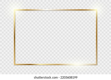 Gold shiny glowing vintage frame with shadows isolated on transparent background. Golden luxury realistic rectangle border. Stock royalty free vector illustration. PNG