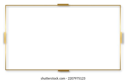 Gold shiny glowing vintage frame with shadows isolated transparent background. Golden luxury realistic rectangle border. Vector illustration