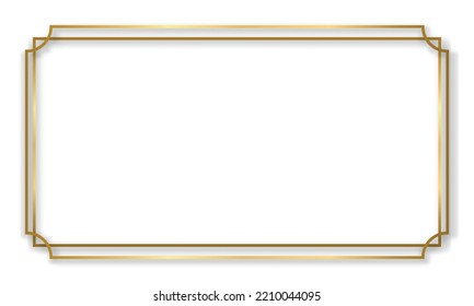 Gold shiny glowing vintage frame with shadows isolated transparent background. Golden luxury realistic rectangle border. Vector illustration