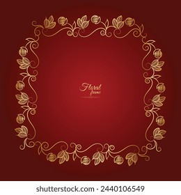 Gold shiny glowing vintage frame with flower isolated floral background. Golden luxury realistic rectangle border. Vector illustration
