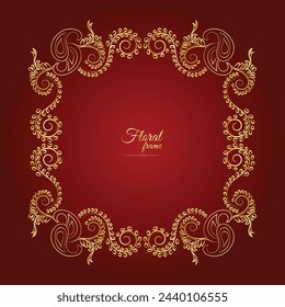 Gold shiny glowing vintage frame with flower isolated floral background. Golden luxury realistic rectangle border. Vector illustration
