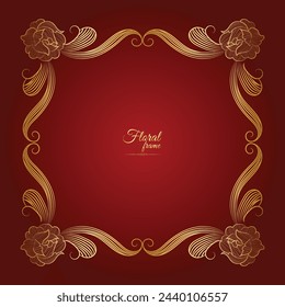 Gold shiny glowing vintage frame with flower isolated floral background. Golden luxury realistic rectangle border. Vector illustration
