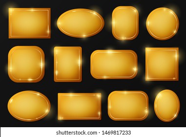 Gold shiny glowing vintage frames pack on plate isolated on black background. Golden luxury realistic border set. Wedding, mothers or Valentines day concept. Xmas and New Year paper abstract. Vector