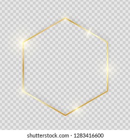 Gold shiny glowing vintage hexagon frame with shadows isolated on transparent background. Golden luxury realistic border. Wedding, mothers or Valentines day concept. Xmas and New Year abstract. Vector