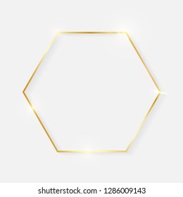 Gold shiny glowing vintage hexagon frame with shadows isolated on white background. Golden luxury realistic border. Wedding, mothers or Valentines day concept. Xmas and New Year abstract. Vector