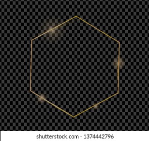 Gold shiny glowing vintage hexagon frame with shadows isolated on transparent background. Golden luxury realistic border. 