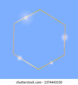 Gold shiny glowing vintage hexagon frame with shadows isolated on blue background. Golden luxury realistic border. 