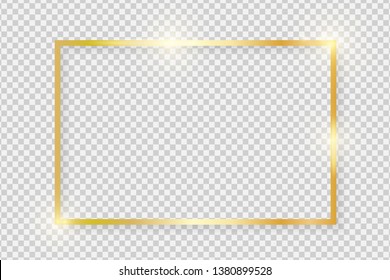 Gold shiny glowing vintage rectangle frame with shadows isolated on transparent background. Golden luxury realistic rectangle border. Vector illustration