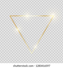 Gold shiny glowing vintage triangle frame with shadows isolated on transparent background. Golden luxury realistic border. Wedding, mothers or Valentines day concept. Xmas and New Year. Vector