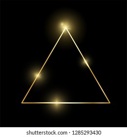Gold shiny glowing vintage triangle frame with shadows isolated on black background. Golden luxury realistic border. Wedding, mothers or Valentines day concept. Xmas and New Year abstract. Vector