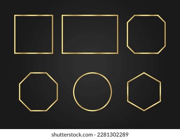 Gold shiny gradient glowing vintage frames isolated on black background. Golden retro luxury realistic rectangle borders. Vector illustration.
