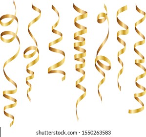 Gold shiny gradient twisted ribbons set. Decoration for carnival party, holiday event, New Year, Christmas, Wedding ceremony. Vector illustration