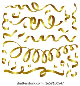 Gold shiny gradient twisted ribbons set. Decoration for carnival party, holiday event, New Year, Christmas, Wedding ceremony. Vector illustration