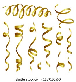 Gold shiny gradient twisted ribbons set. Decoration for carnival party, holiday event, New Year, Christmas, Wedding ceremony. Vector illustration