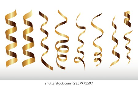 Gold shiny gradient twisted ribbons set. Decoration for carnival party, holiday event, New Year, Christmas, Wedding ceremony. serpentine and confetti isolated on transparent background. illustration