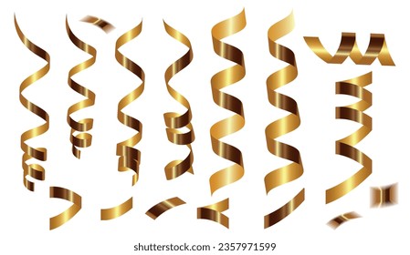 Bandejas retorcidas de gradiente brillante dorado. Decoración para la fiesta de carnaval, feriado, Año Nuevo, Navidad, ceremonia de bodas. serpentina y confetti aislados en un fondo transparente. ilustración