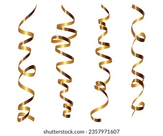 Bandejas retorcidas de gradiente brillante dorado. Decoración para la fiesta de carnaval, feriado, Año Nuevo, Navidad, ceremonia de bodas. serpentina y confetti aislados en un fondo transparente. ilustración