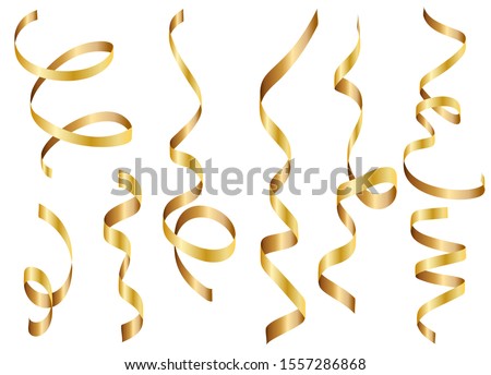 Gold shiny gradient twisted ribbons set. Decoration for carnival party, holiday event, New Year, Christmas, Wedding ceremony. Vector illustration