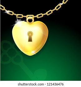 Gold Shiny Heart Lock On Chain With Key