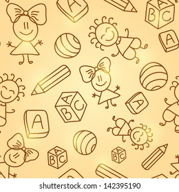 Gold Shiny Kid Seamless Pattern with Little Girls, Boys, Pencil, Book and Ball. Vector Background
