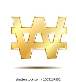 Gold shiny Korean won symbol, currency sign isolated on white background. Vector illustration