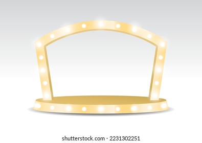 gold shiny light bulb arch with podium display stage 3d illustration vector for putting object