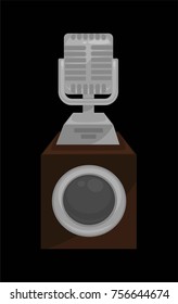 Gold shiny microphone on steady stand isolated cartoon flat vector illustration on white background.