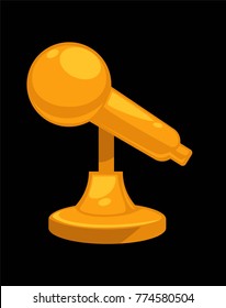 Gold shiny microphone on steady stand isolated cartoon flat vector illustration on white background.