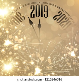 Gold shiny New Year 2019 card with creative clock and fireworks. Vector background.