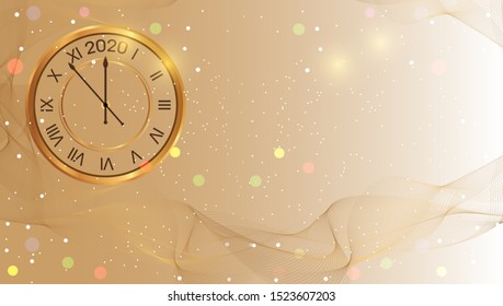 Gold shiny New Year 2020 poster with golden clock. Light Christmas background. Winter celebration. Bright Xmas banner. Vector illustration.