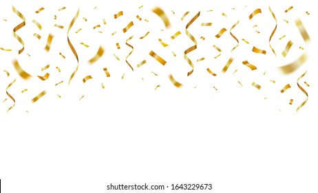 Gold shiny realistic confetti. Celebration golden paper flying confetti party decor for anniversary. Festive falling ribbons vector isolated template. Yellow foil serpentine for surprise birthday card