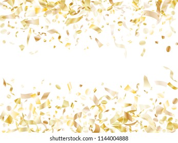 Gold shiny realistic confetti flying on white holiday vector graphic design. Creative flying tinsel elements, gold foil texture serpentine streamers confetti falling party vector.