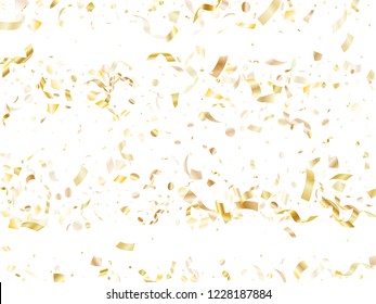 Gold shiny realistic confetti flying on white holiday poster background. Rich flying sparkle elements, gold foil texture serpentine streamers confetti falling new year background.