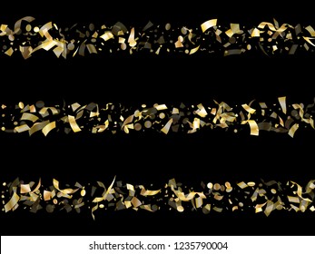 Gold shiny realistic confetti flying on black holiday vector graphics. Luxurious flying tinsel elements, gold foil gradient serpentine streamers confetti falling christmas background.
