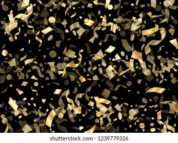 Gold shiny realistic confetti flying on black holiday vector design. VIP flying tinsel elements, gold foil gradient serpentine streamers confetti falling party vector.