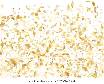 Gold shiny realistic confetti flying on white holiday vector graphics. Cool flying tinsel elements, gold foil texture serpentine streamers confetti falling carnival vector.