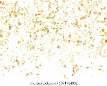 Gold shiny realistic confetti flying on white holiday card background. Premium flying tinsel elements, gold foil texture serpentine streamers confetti falling festive background.