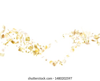 Gold shiny realistic confetti flying on white holiday banner background. Glamourous flying sparkle elements, gold foil gradient serpentine streamers confetti falling carnival vector.