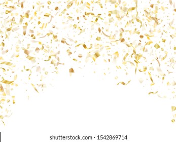 Gold shiny realistic confetti flying on white holiday vector background. Chic flying sparkle elements, gold foil texture serpentine streamers confetti falling birthday vector.