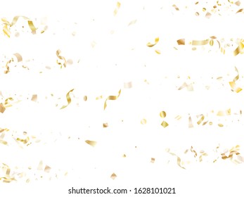Gold shiny realistic confetti flying on white holiday vector background. Modern flying sparkle elements, gold foil texture serpentine streamers confetti falling christmas vector.