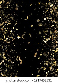 Gold shiny realistic confetti flying on black holiday vector backdrop. Beautiful flying tinsel elements, gold foil gradient serpentine streamers confetti falling xmas vector.