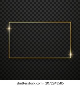 Borde de Rectángulo brillante dorado sobre fondo transparente negro. Trampa de marco brillante. Marco de Rectángulo de Oro realista con efecto de destello. Decoración navideña ligera. Ilustración de vectores aislados.