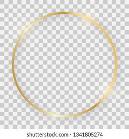 Gold shiny round frame with glowing effects and shadows on transparent background. Vector illustration