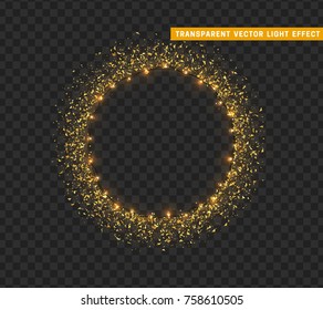 Gold shiny round frame on transparent background. Sparkle golden garlands. Magic light ring. Christmas bright fire glitter. Xmas decoration glowing wreath. Vector illustration isolated realistic